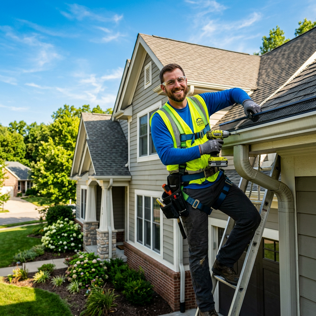 Professional roofer installing gutter guards